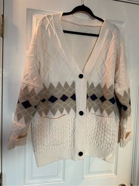 Cream Knit Cardigan with Beige and Navy Argyle Accents